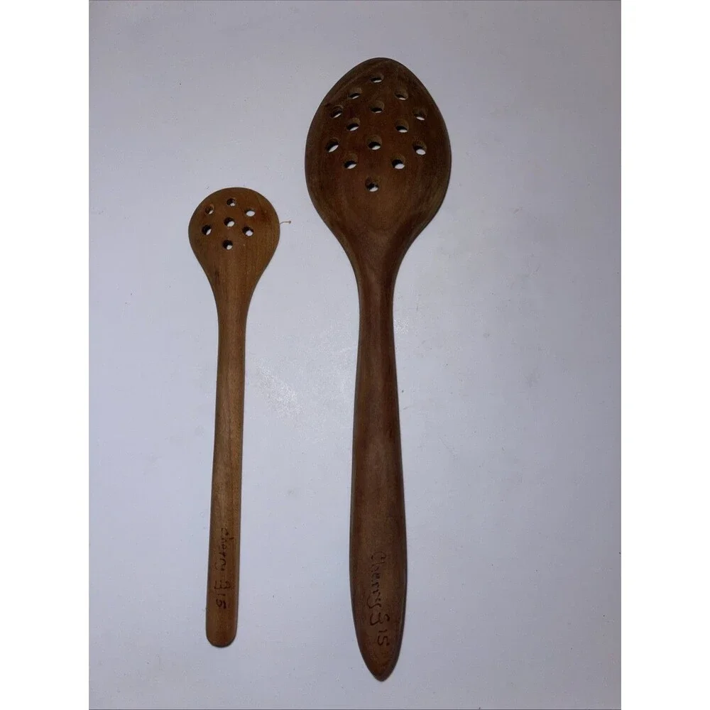 2 Cherry Carved Slotted Wooden Spoons 10 in & 7.5 in